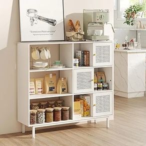 Rattan Bookcase, Storage Sideboard Cabinet with Metal Legs, Wooden Bookshelf with 3 Door, 6 Open Compartments, Freestanding Display Rack for Living Room, Study,102x29x96cm(White)