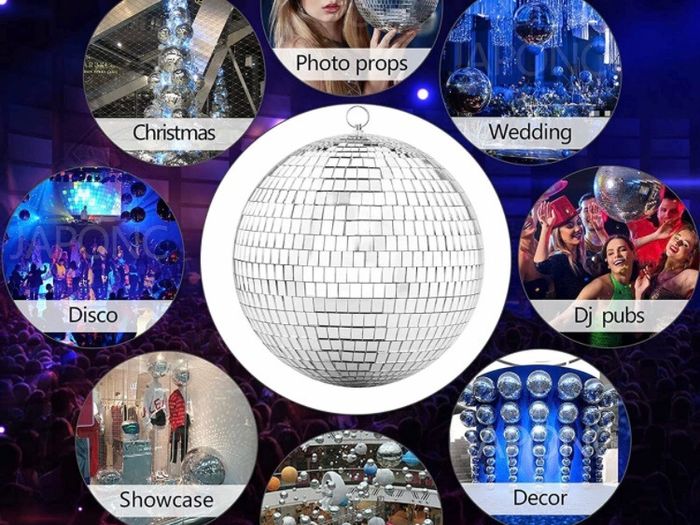 200mm Mirror Disco Ball with Hanging Ring, Silver Glitter Ball
