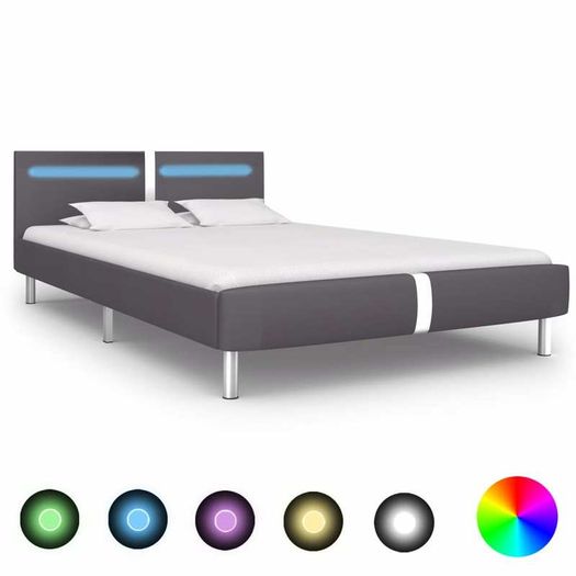 Bed Frame with LED Grey Faux Leather 135x190 cm