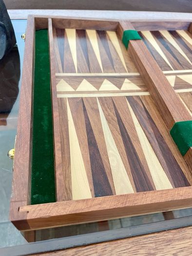 Vintage Marquetry Inlaid Folding Wooden Chess Board Chess Pieces Dice and Counters