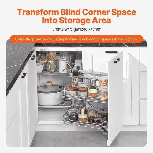18"W Opening Blind Corner Pull Out Organizer, 2 Tier 4 Shelf Kitchen Cabinet Organizer, Magic Chrome Carbon Steel Storage Basket,