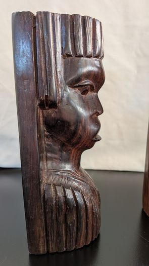 African Wooden Head Bookends Pair Hand Carved Tribal Hardwood Busts