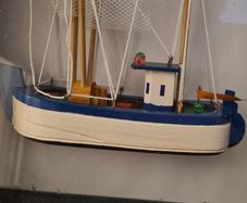 MODEL Fisfing Boat Trawler Framed Behind Glass. In Good Condition.