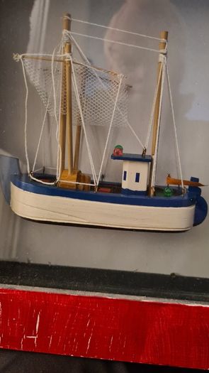 MODEL Fisfing Boat Trawler Framed Behind Glass. In Good Condition.
