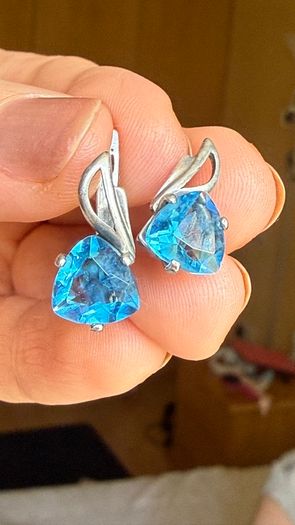 Handcrafted 925 Silver Earrings with Blue Trillion Stones