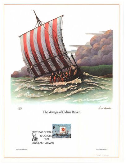 1979 Isle of Man Limited Edition Lithographed Print measuring 333mm X 257mm showing Voyage of Odin's Raven (27/05-04/07/79)  Commemorative Stamp with First Day of Issue Cancel
