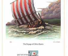 1979 Isle of Man Limited Edition Lithographed Print measuring 333mm X 257mm showing Voyage of Odin's Raven (27/05-04/07/79)  Commemorative Stamp with First Day of Issue Cancel