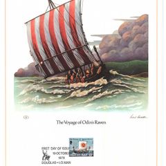 1979 Isle of Man Limited Edition Lithographed Print measuring 333mm X 257mm showing Voyage of Odin's Raven (27/05-04/07/79)  Commemorative Stamp with First Day of Issue Cancel