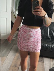 Oh Polly UK12 Pink Floral Ruched Mini Skirt Y2K Bodycon Mesh