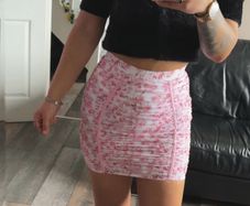 Oh Polly UK12 Pink Floral Ruched Mini Skirt Y2K Bodycon Mesh