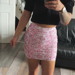 Oh Polly UK12 Pink Floral Ruched Mini Skirt Y2K Bodycon Mesh
