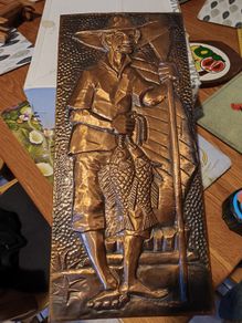 Copper painting representing a fisherman - Old Japanese Ancient Arts and Crafts Measures 22 x 49 cm.