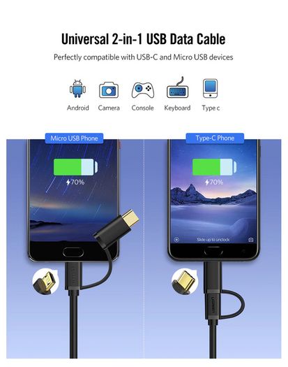 Ugreen 1M 2-in-1 (USB-C & Micro USB) QC 3.0 Fast Charger & Data Sync Gold Plated Cable (Brand New/Warranty)