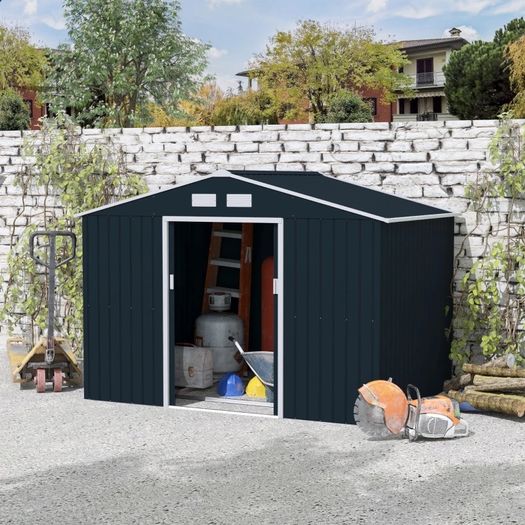9 x 6FT Metal Shed Roofed Garden Shed Outdoor Storage Shed with Foundation Ventilation & Doors, Dark Grey (FREE POSTAGE)