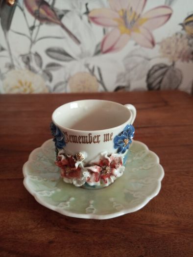 Victorian Remember Me Ceramic Tea cup and saucer.