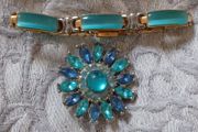 Bracelet &amp; Clip on Brooch Set, Silver, Gold &amp; Vibrant Teal in Colour