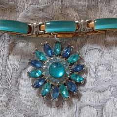 Bracelet & Clip on Brooch Set, Silver, Gold & Vibrant Teal in Colour