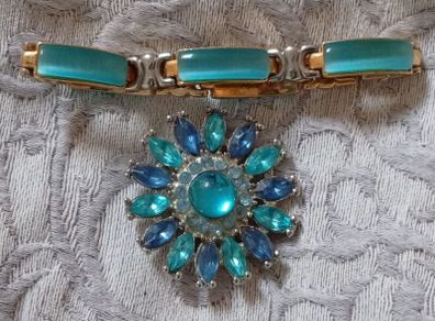 Bracelet & Clip on Brooch Set, Silver, Gold & Vibrant Teal in Colour