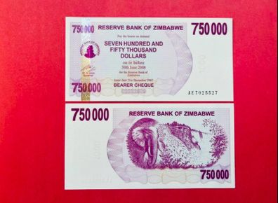 Zimbabwe  750,000 Dollars  2008  Verified Under Uv Light   Uncirculated)
