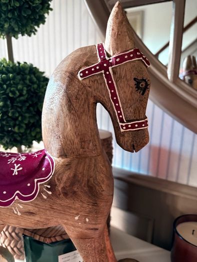 New vintage inspired 45cm high hand carved horse on wheels with washed wood finish
