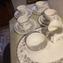 Rare find 15 pieces set Johnson Brothers Ironstone, Pattern 1H1, Vintage Set Of 4 cups and saucers with side plates ,milk jug ,sugar bowl and large oval platter plate Swirl Edge, Platinum Trim Image 2