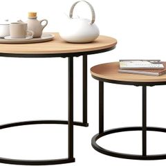 Black Round Coffee Table Set of 2 Side Table for Living Room,69.5x49cm Industrial Stacking End Tables,Wood Look Accent Furniture with Metal Frame End Table for Bedroom Decorations,Black