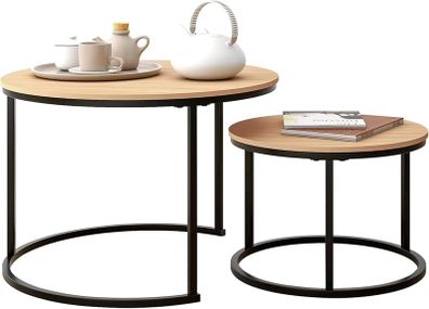 Black Round Coffee Table Set of 2 Side Table for Living Room,69.5x49cm Industrial Stacking End Tables,Wood Look Accent Furniture with Metal Frame End Table for Bedroom Decorations,Black