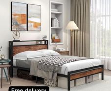 Double Bed Frame with Storage Wooden Headboard Shelf