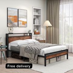 Double Bed Frame with Storage Wooden Headboard Shelf