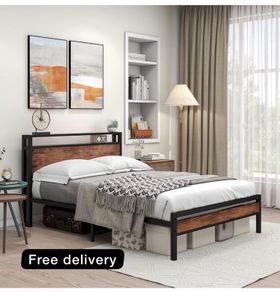 Double Bed Frame with Storage Wooden Headboard Shelf