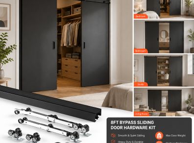 8ft Double Sliding Door Hardware Kit Aluminium Track System for Wardrobe Closet Interior Doors