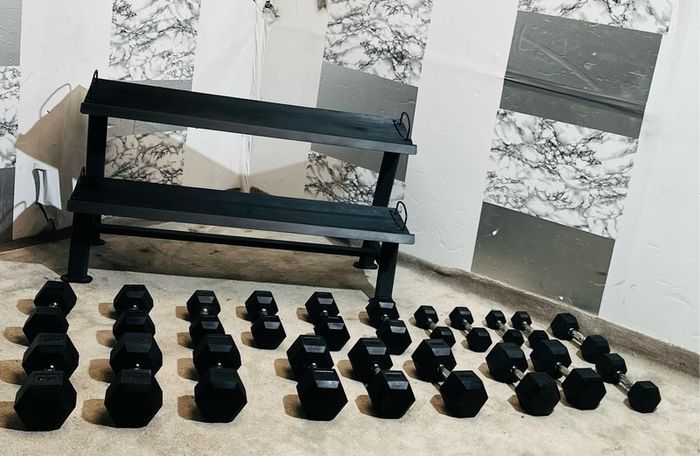 Hex Dumbbells With 2 Tier Rack