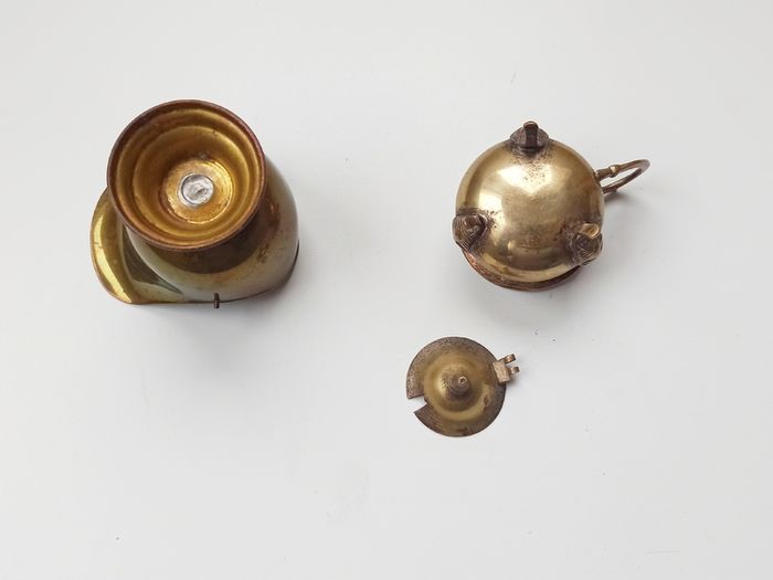 Vintage brass miniature coal bucket & small brass footed pot