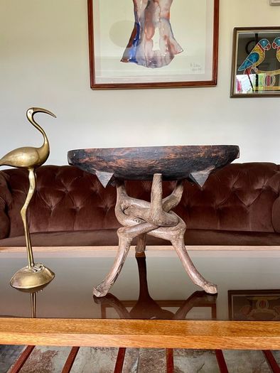 Unique Vintage Wooden African Tribal Art Decor Hand made bowl on Tripod folding Stand
