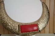 Chunky Hammered Gold Tone Collar Necklace  Red Cabochon