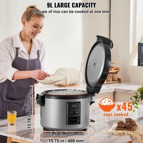 Commercial Rice Cooker, 45-Cup Rice Cooker, 9 Liter Large Rice Cooker and Warmer with Nonstick Inner Pot, Fast Cooking and 12-Hour Keep Warm