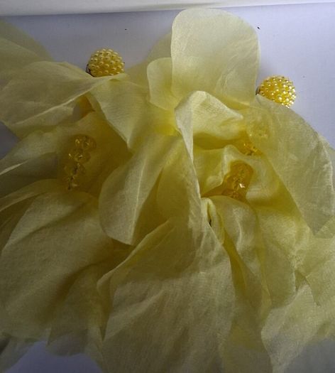 Lemon Yellow Pearl Cluster Stud Glass Inlay Extravagant Chiffon Petal Tassel Earrings