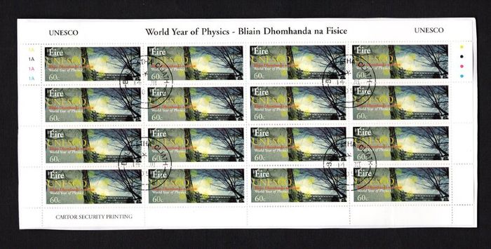 2005 Ireland World Year of Physics Commemorative Stamp Sheetlets Plate 1A1A1A1A Fine Used with Dublin cancel of 24th February 2005 (First day of issue) on envelope extract