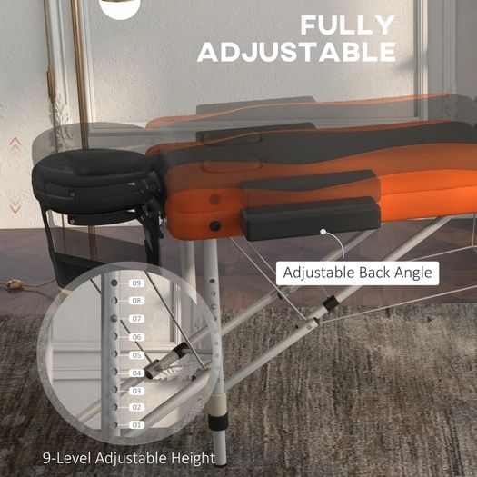 Foldable Massage Bed Portable Table, 3-Section Aluminium Foldable Beauty Couch, Professional Salon Spa Table with Headrest Support and Carry Bag, 60 cm Width, Black and Orange