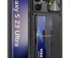 Vihibii for Samsung Galaxy S23 Ultra Case with Card Holder (4 Cards) & Sliding Camera Cover & Kickstand, Shockproof Rugged Hard Back & TPU Edge Wallet Case for Galaxy S23 Ultra 5G 6.8" 2023 Black