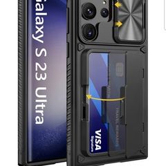 Vihibii for Samsung Galaxy S23 Ultra Case with Card Holder (4 Cards) & Sliding Camera Cover & Kickstand, Shockproof Rugged Hard Back & TPU Edge Wallet Case for Galaxy S23 Ultra 5G 6.8" 2023 Black