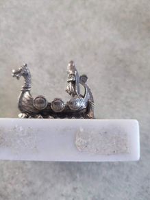 Handstopt Tpb Tinn Norge Pewter Viking Ship On Marble Plinth.