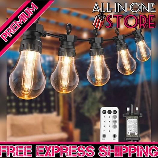 15M/49FT Romote Control Outdoor String lights Mains Powered with 25LED Shatterproof Bulbs, 8 Modes Waterproof Garden String Lights for Indoor Outside Wedding Patio Party (FREE POSTAGE)