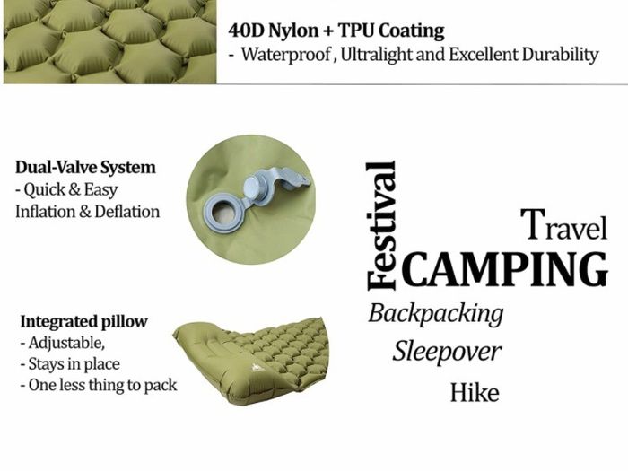 Camping Mat Ultralight Inflatable Sleeping Mattress with Pillow, Folding Lightweight Inflating Single Bed Portable Air Pad