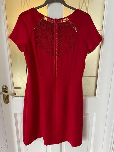 Coast dress, red with lace inset detail, Size 14, above-knee length, VGC