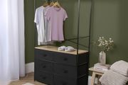 Brooklyn 6 Chest of Drawers Fabric Cabinet with Hanging Rail, Storage Unit Organizer Stylish Sturdy Frame 6 Canvas Drawers For Bedroom Closets Office, Black