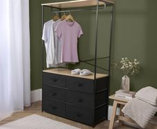 Brooklyn 6 Chest of Drawers Fabric Cabinet with Hanging Rail, Storage Unit Organizer Stylish Sturdy Frame 6 Canvas Drawers For Bedroom Closets Office, Black