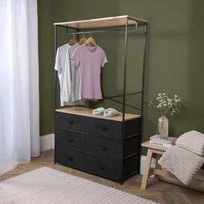 Brooklyn 6 Chest of Drawers Fabric Cabinet with Hanging Rail, Storage Unit Organizer Stylish Sturdy Frame 6 Canvas Drawers For Bedroom Closets Office, Black