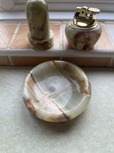 Vintage Japanese Green/Brown 1960's Onyx Marble Stone 3 pce set
