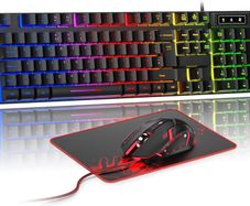 Gaming Keyboard and Mouse Set, UK Layout, RGB Backlit Wired Keyboard, Ergonomic 4-Color LED Gaming Mouse, Large Mousepad, USB Plug & Play for PC, Mac, PS4, Xbox